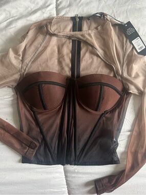 Fashion Nova Sheer Mesh Bustier Top in Brown Combo size S NWT